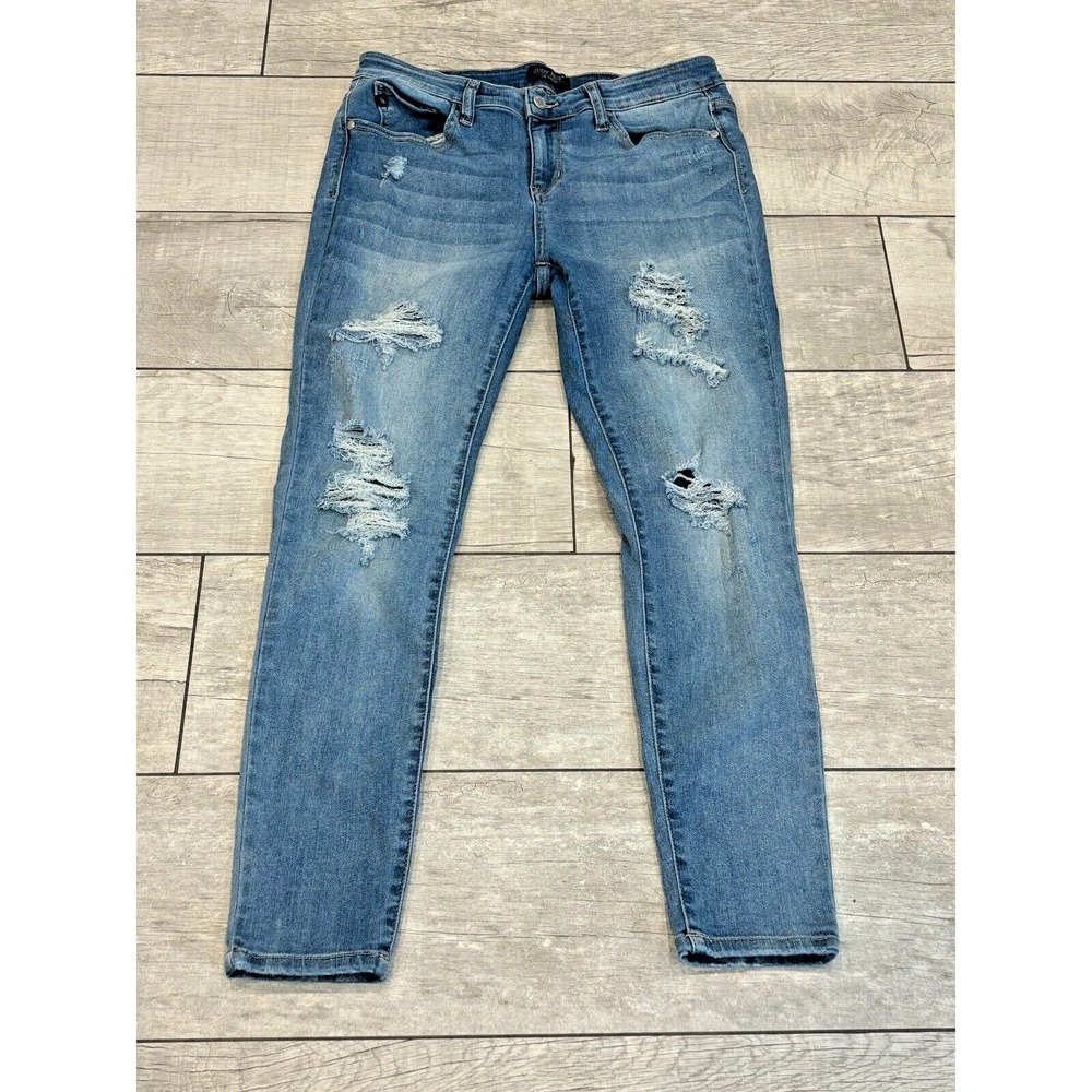 Judy Blue‎ Skinny Fit Mid Rise Ankle Jeans Size 13/27 Med Wash Stretch Destroyed